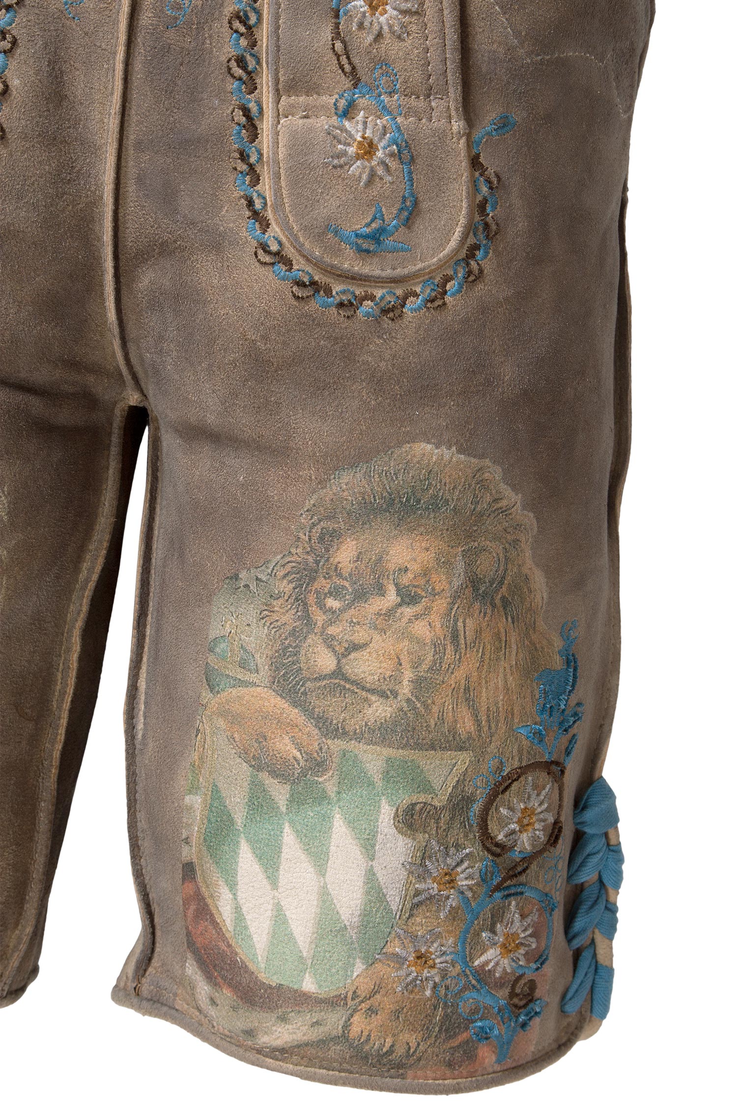 Herren Lederhose Luitpold mit Druck und Stick in grau Bein 