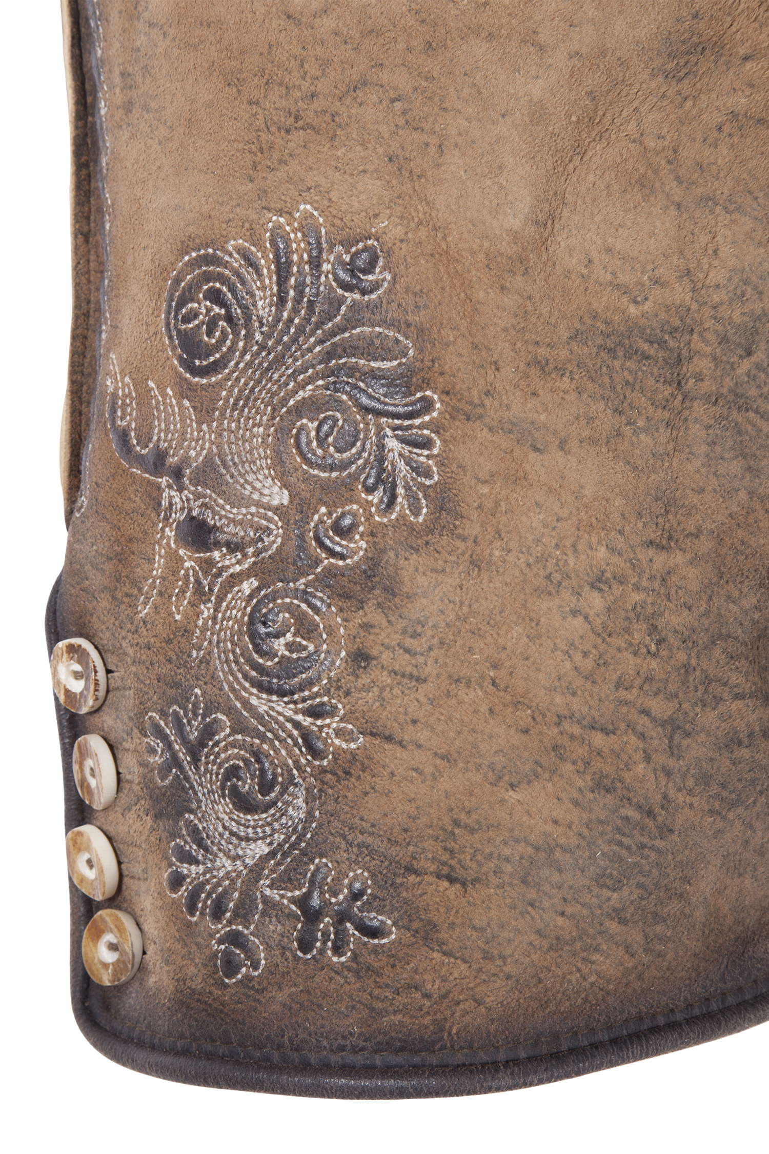 Kurze Lederhose Tom in nuss - Detail Bein