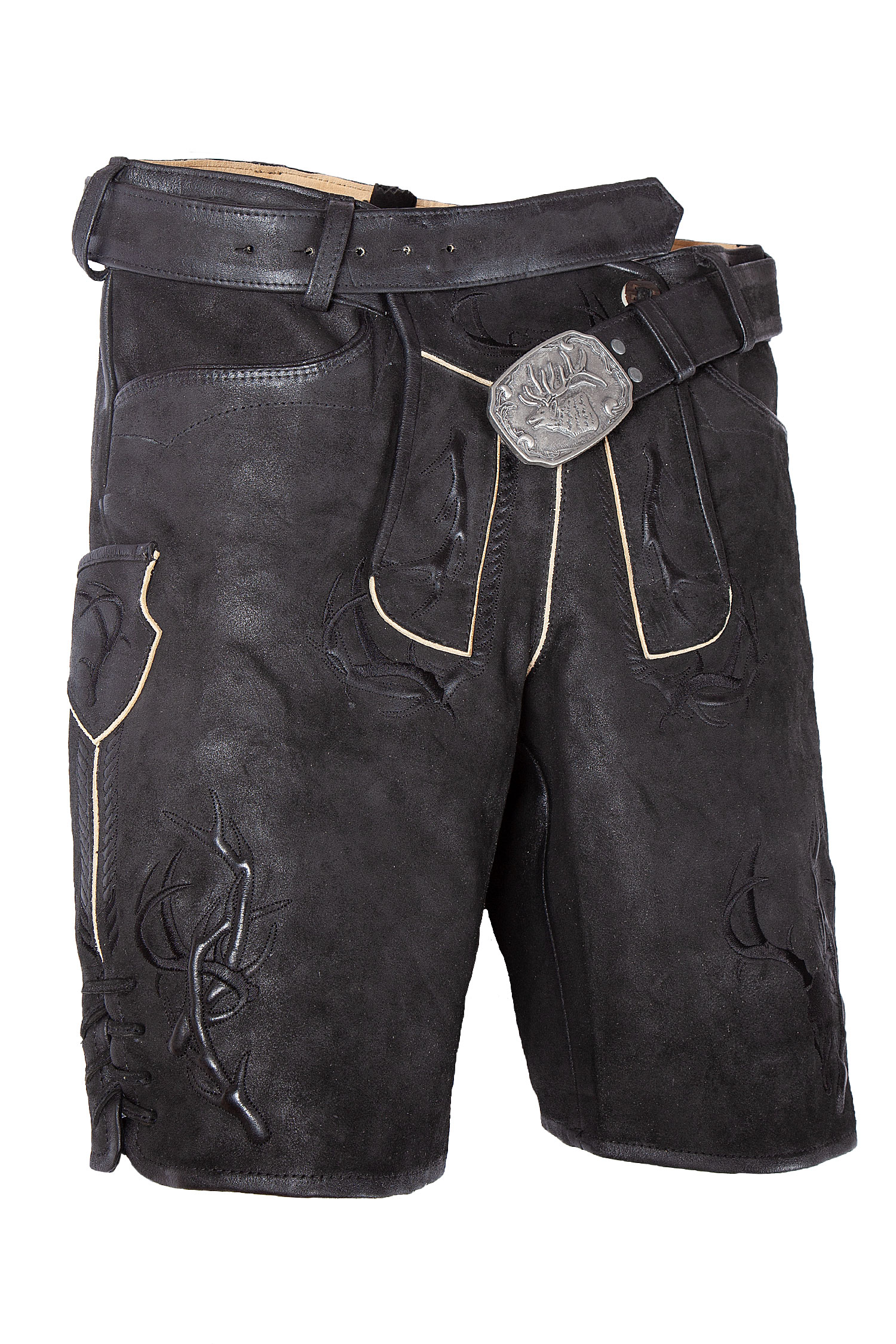 Stylische Lederhose Astral mit Hirschschädel und Gürtel