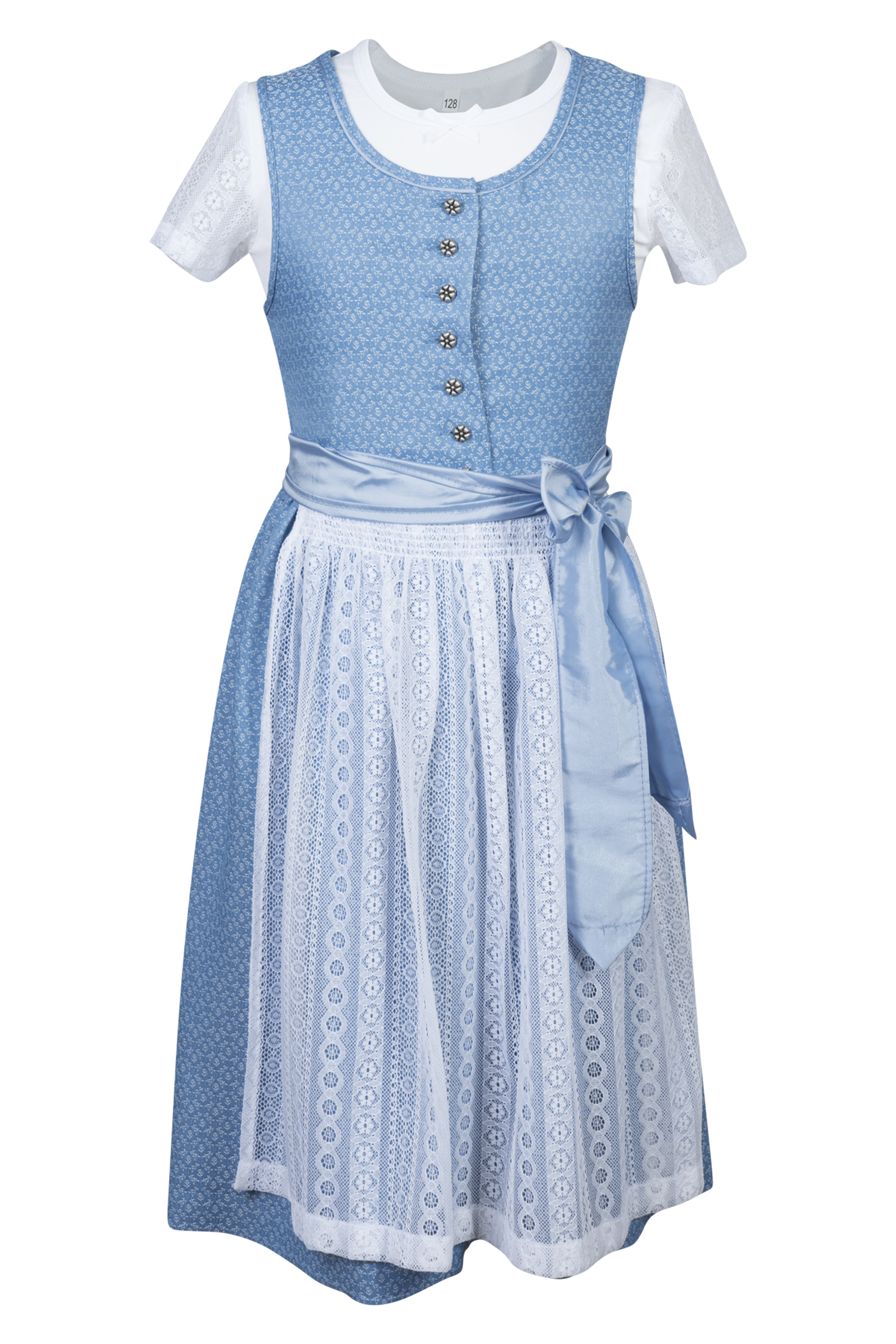 Kinderdirndl Anna in hellblau mit Shirt und Spitzenschürze