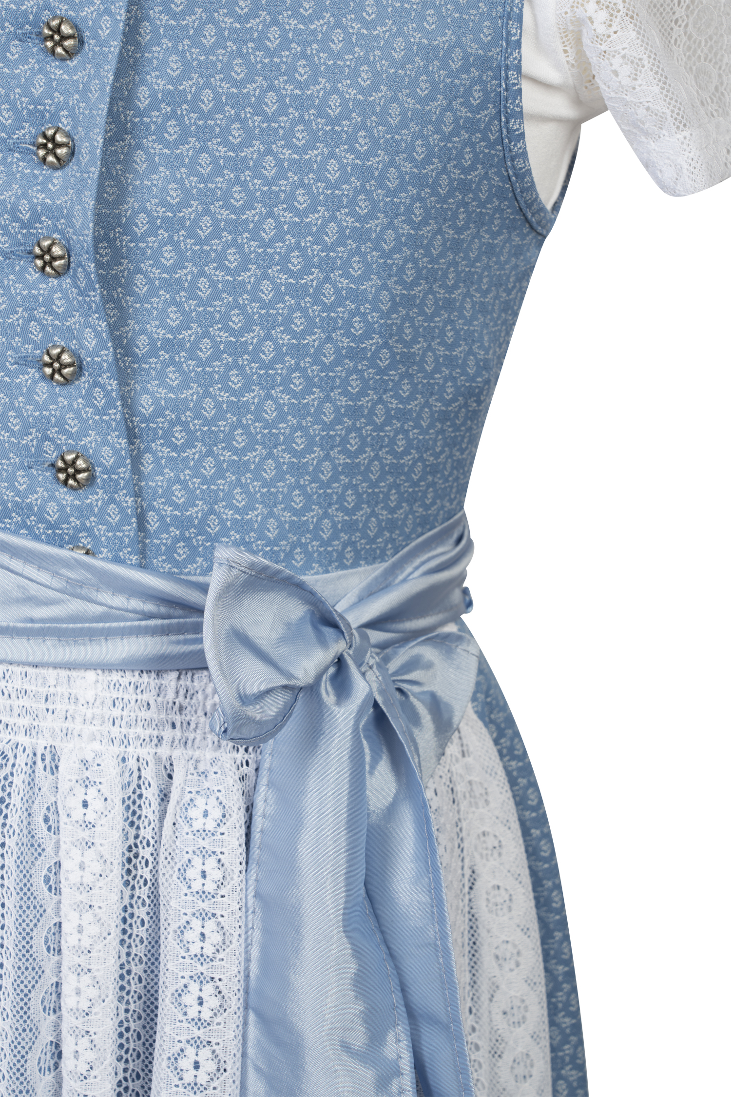 Kinderdirndl Anna in hellblau mit Shirt und Spitzenschürze - Detail Mieder