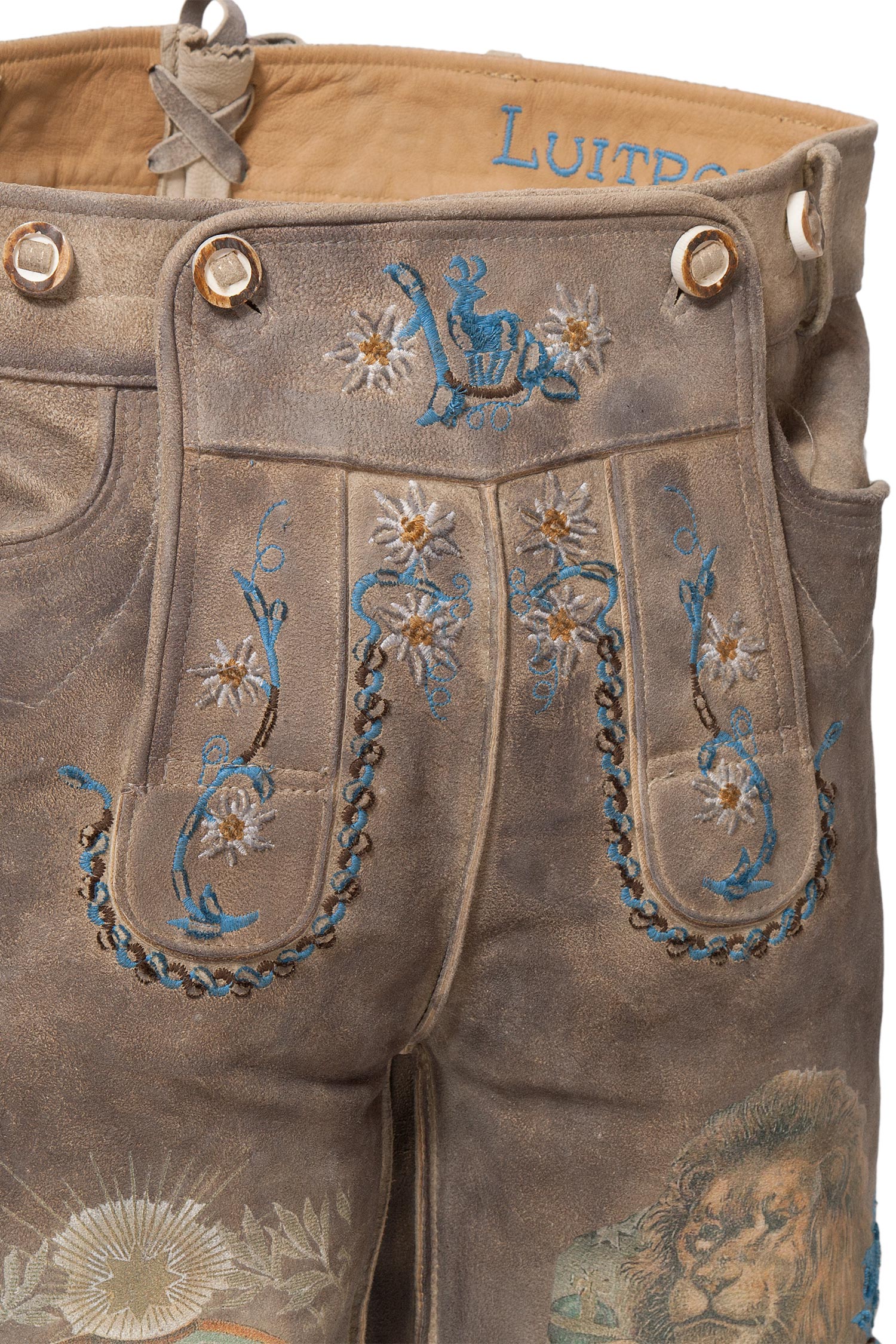 Herren Lederhose Luitpold mit Druck und Stick in grau Latz