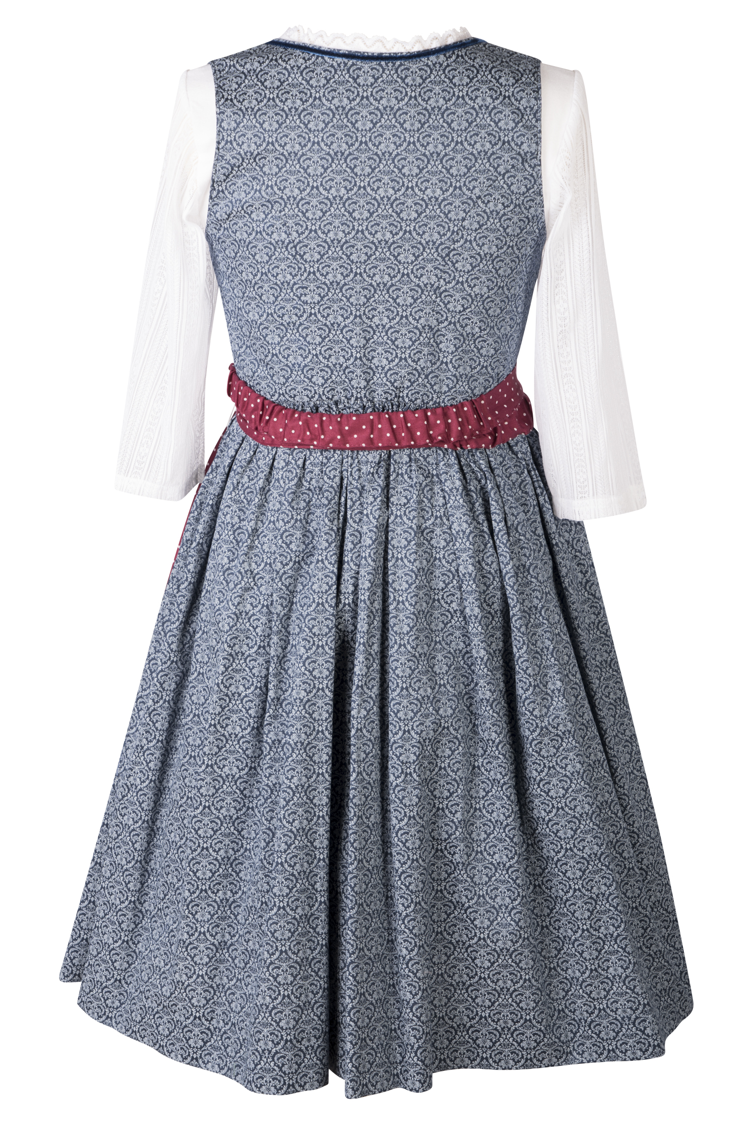3 tlg. Kinderdirndl Rosalie in blau mit Shirt und Schürze - Rückansicht