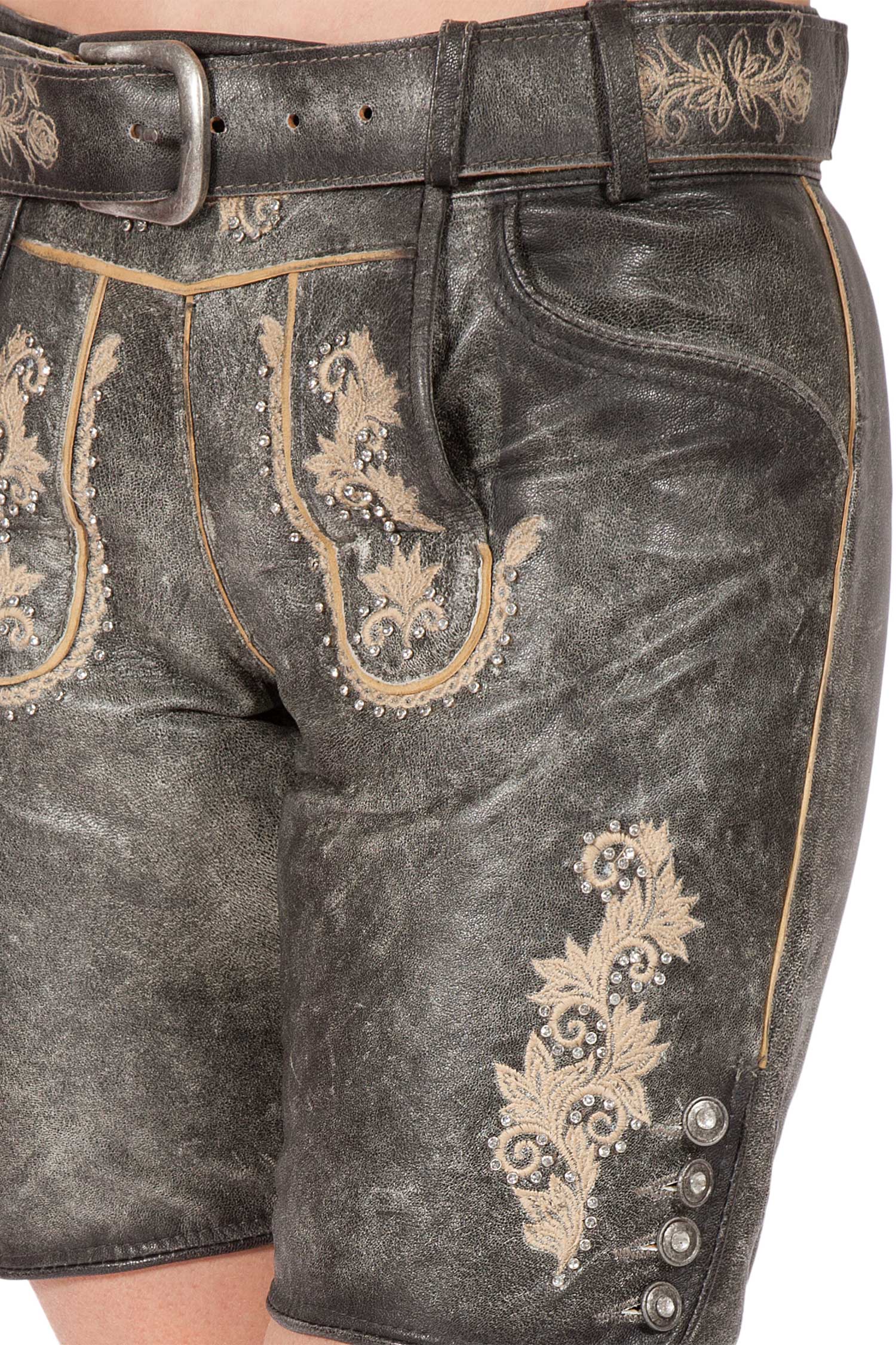 Damen Lederhose kurz in anthrazit mit Glitzer Gürtel