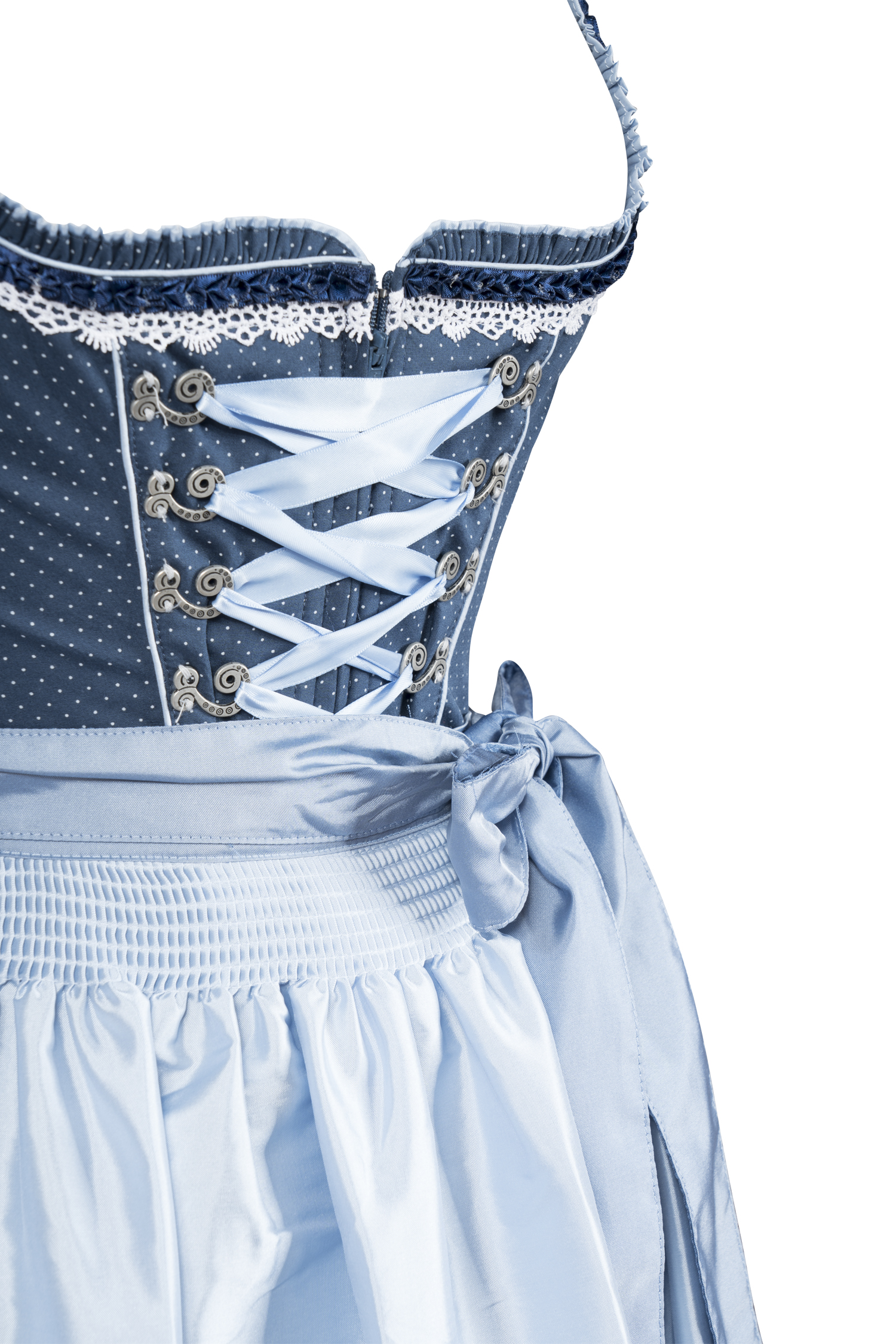 Blaues Dirndl mit auffälliger Schürze - Detail Mieder
