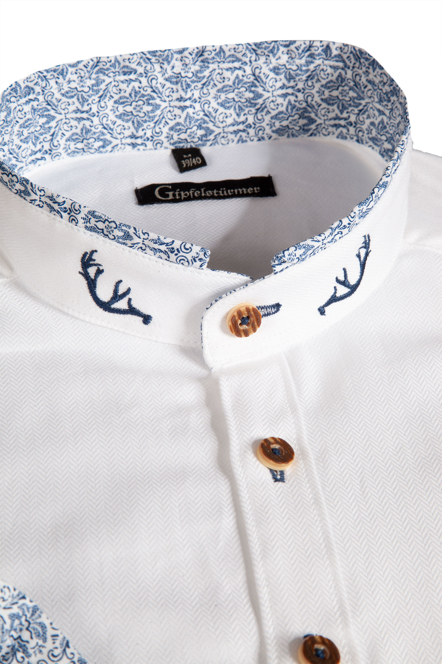 Trachtenhemd in weiß mit blauen Details - Detail Kragen