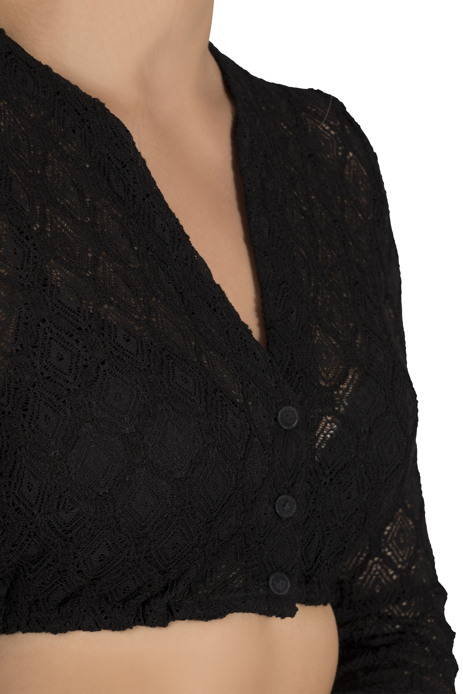 Stretch-Dirndlbluse in schwarz mit V-Ausschnitt - Detail Ausschnitt