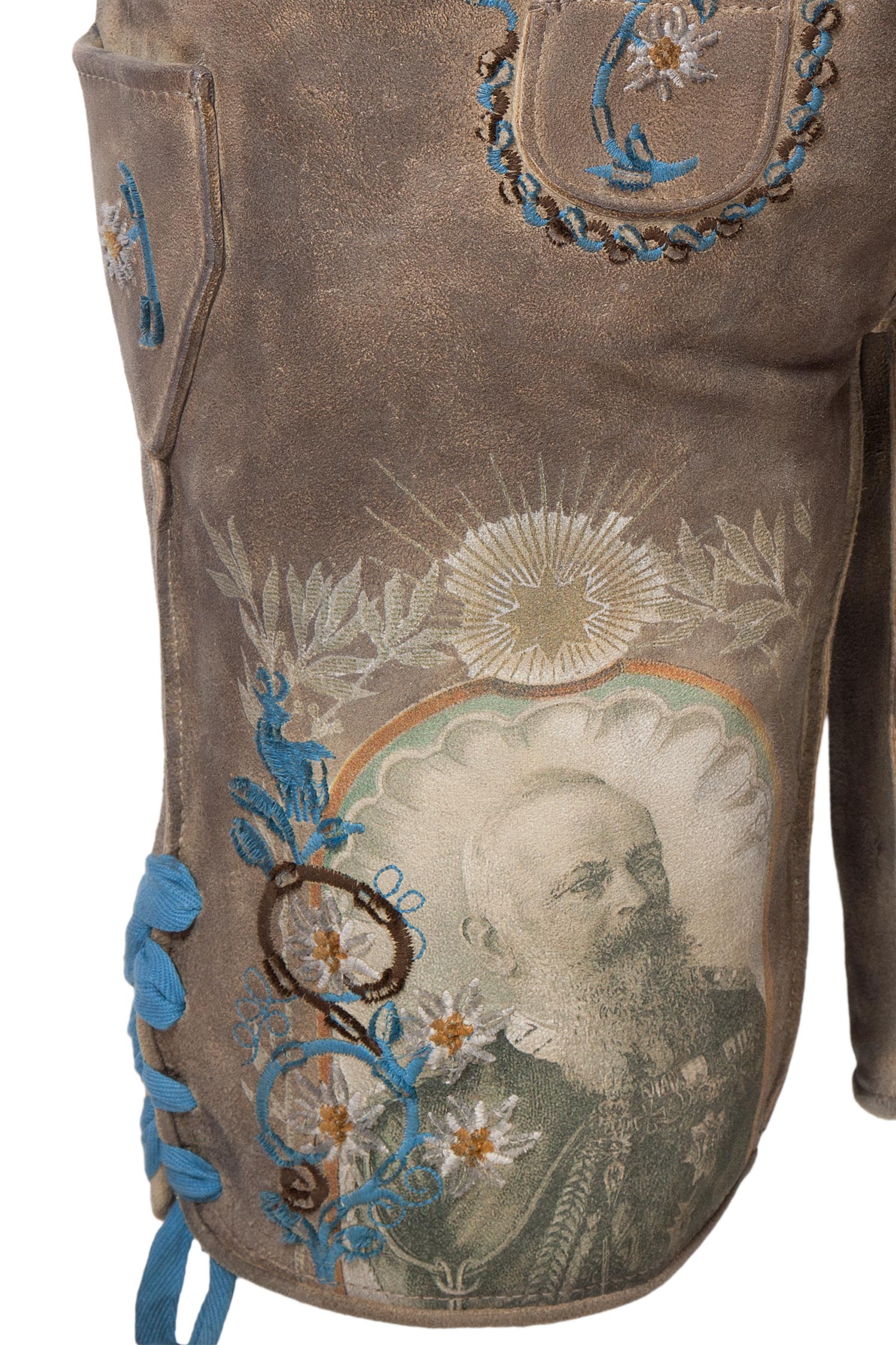 Herren Lederhose Luitpold mit Druck und Stick in grau rechts