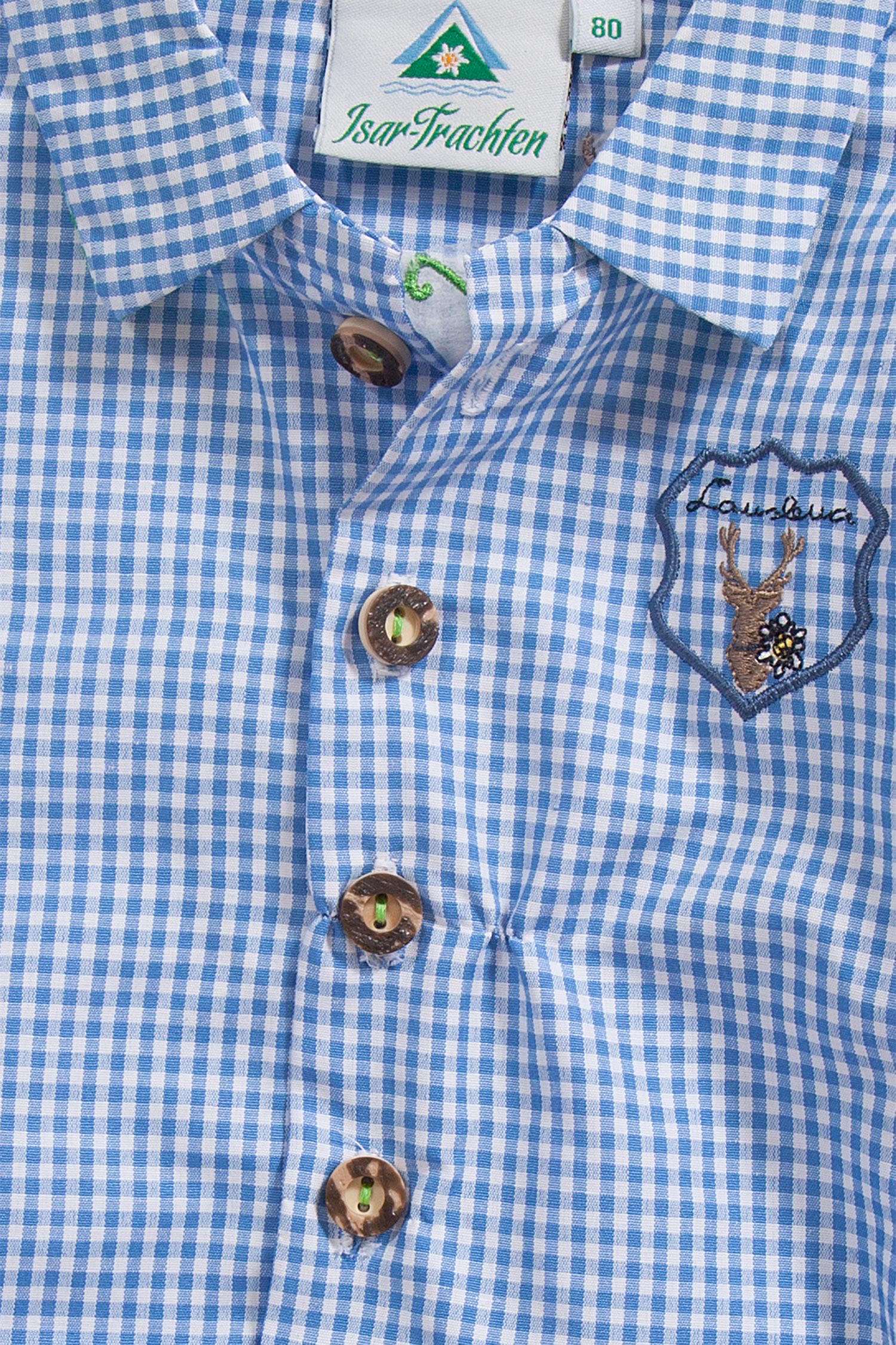 Baby Trachten body als Hemd Body in blau kariert Detail