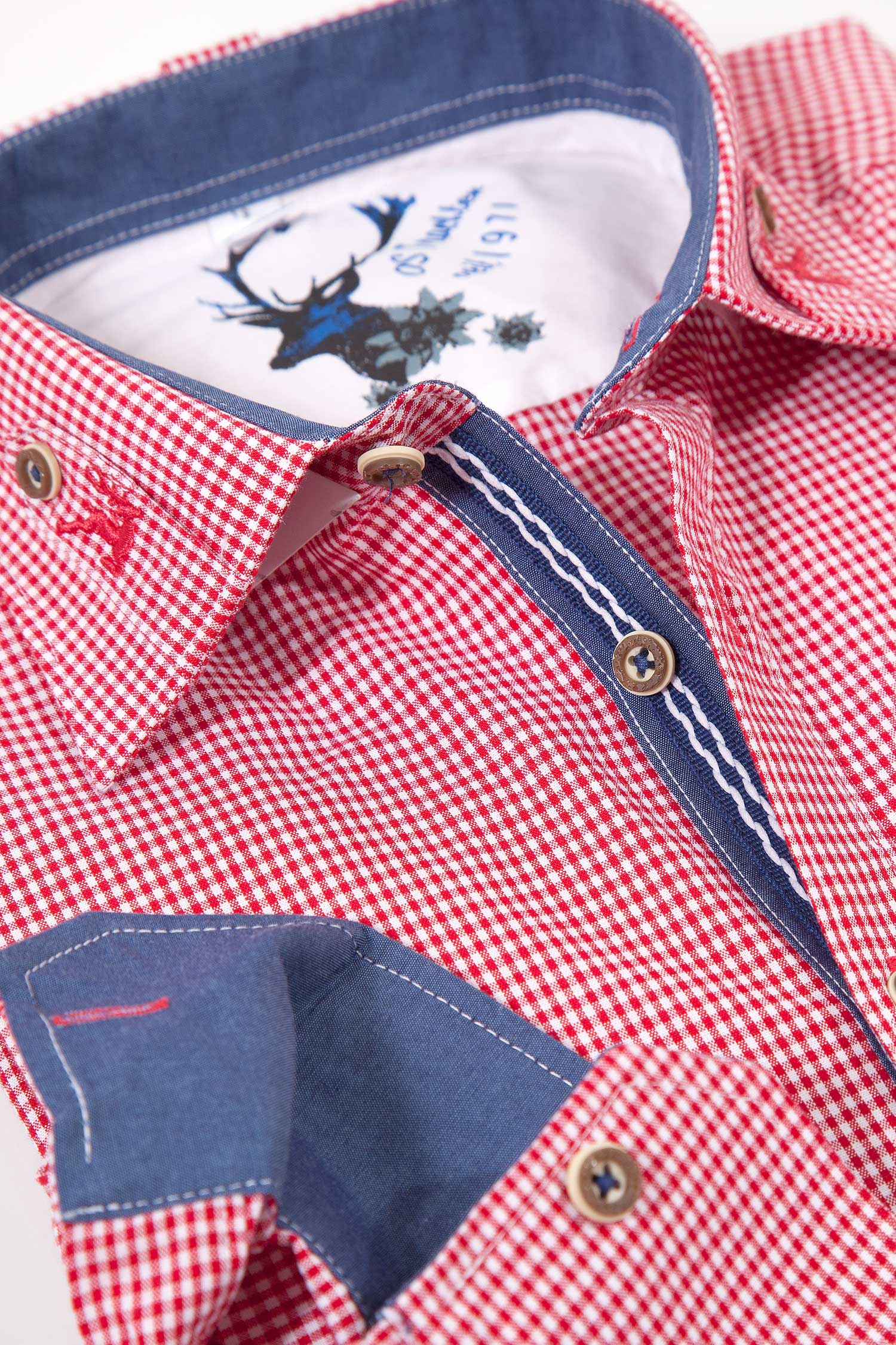 Trachtenhemd in Vichykaro rot weiß mit Stick Detail