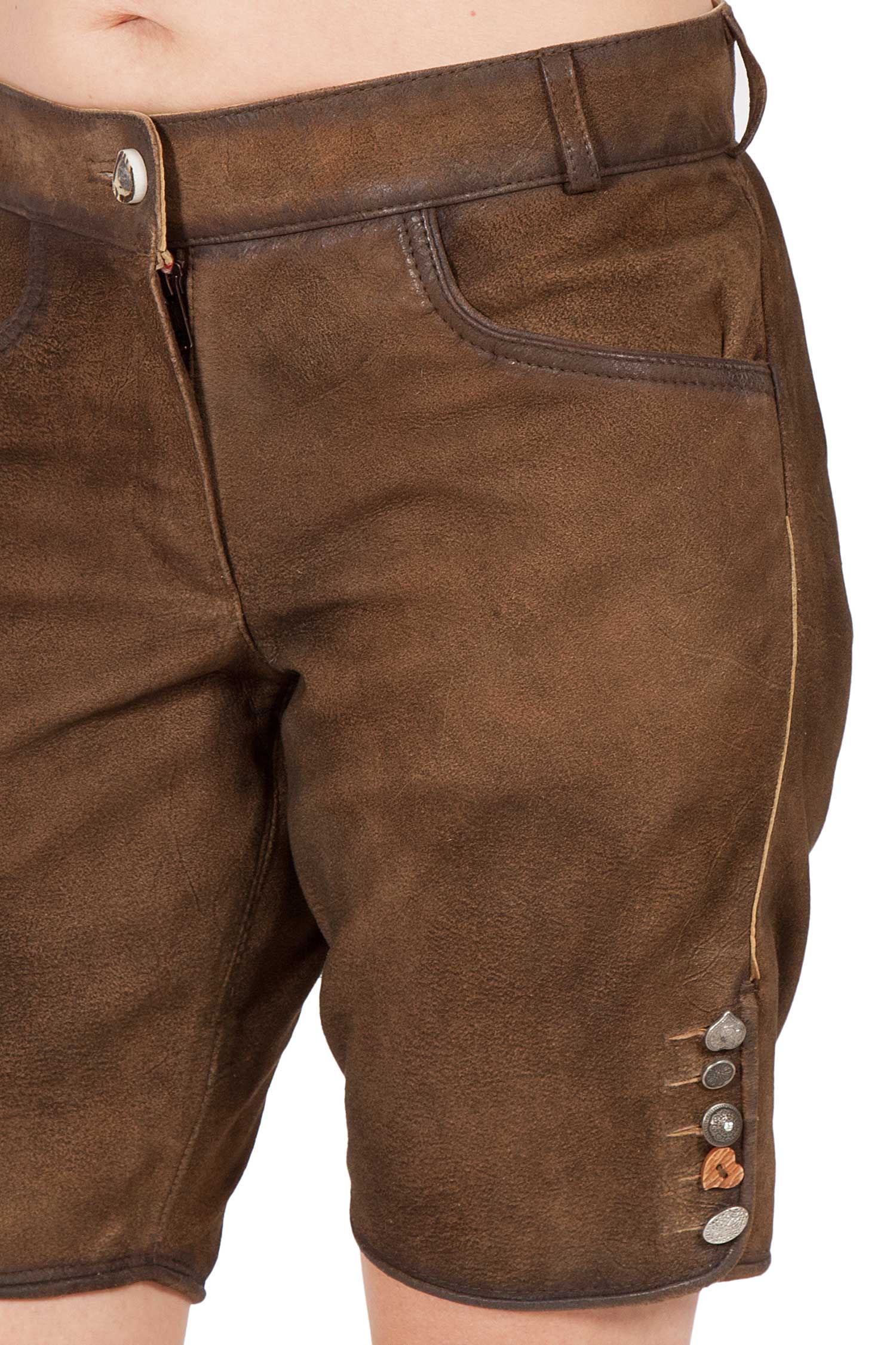 Kurze Damen Lederhose Eldina in mittelbraun Detail