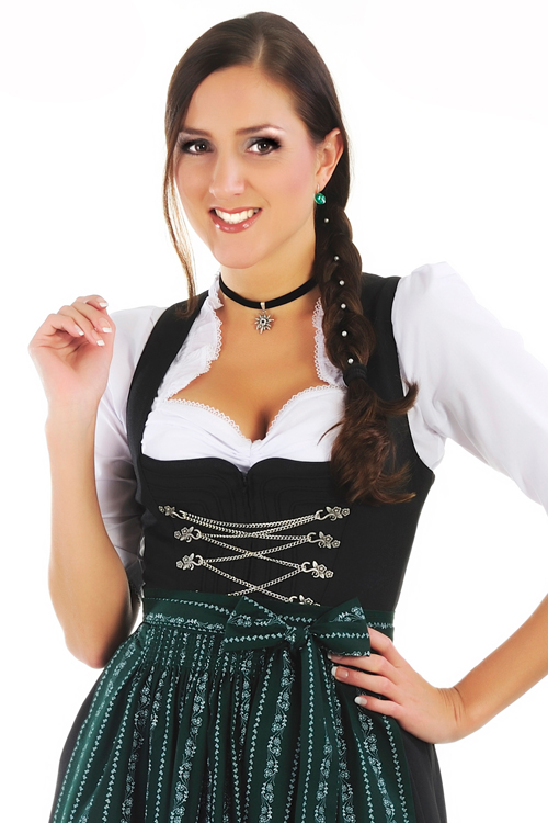 Langes Dirndl Amber schwarz mit Kettenschnürung - Detail Mieder