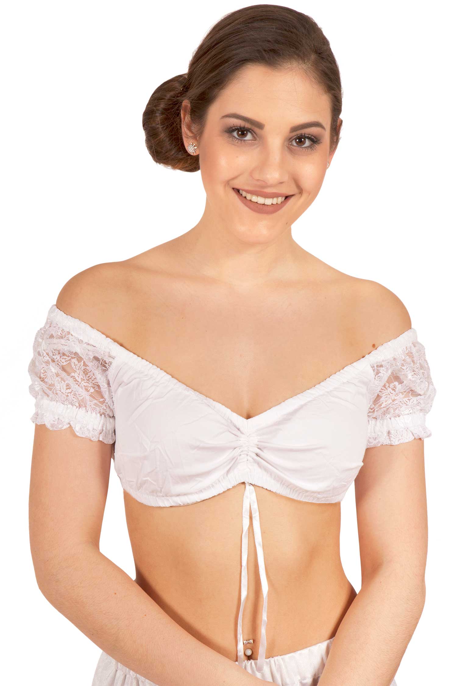 Carmenbluse Ella-Susan in weiß mit Spitzenärmel