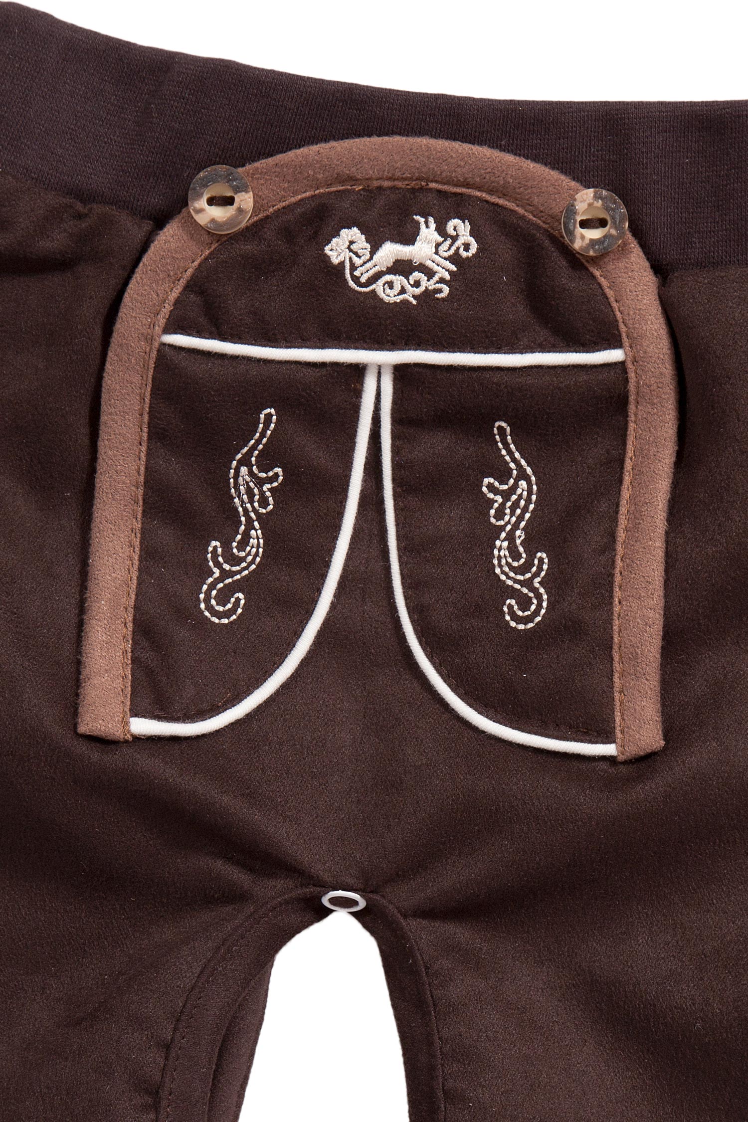 Baby Strampelhose in braun im Lederhosen Look Latz