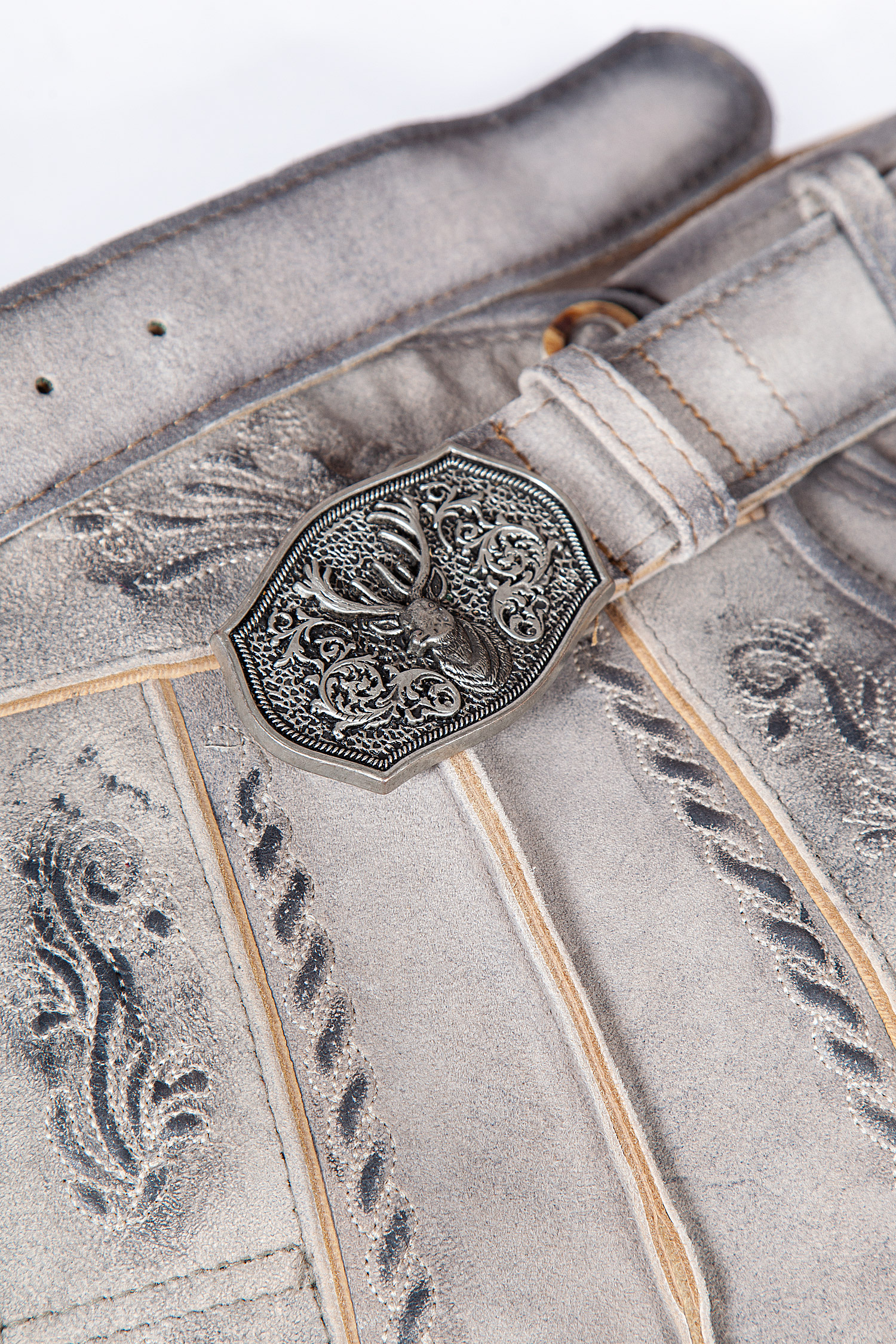 Lederhose Oliver kurz in grau - Detail Schließe