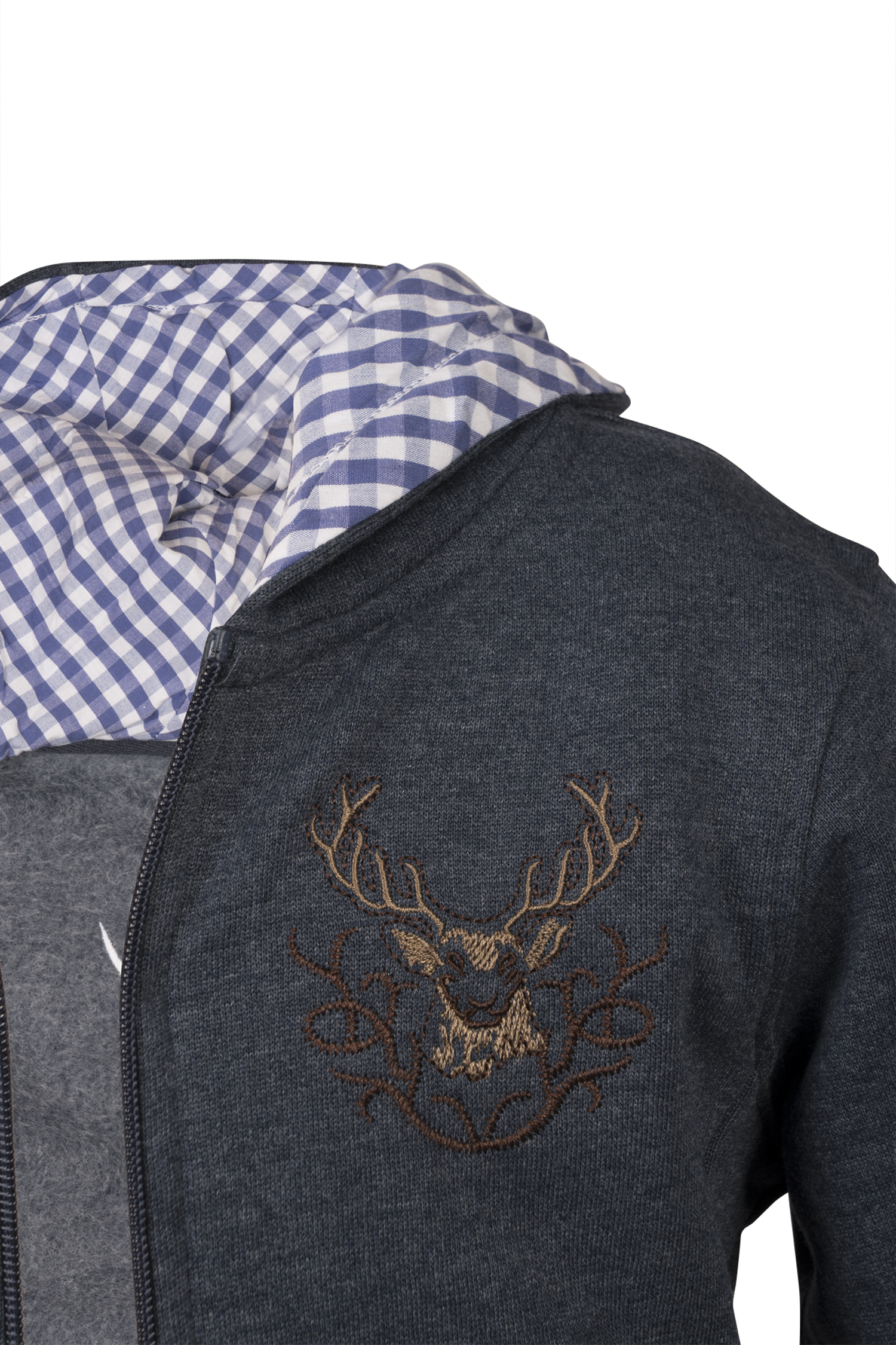 Kinder Trachten Sweatjacke in anthrazit mit Kapuze Detail Brusttasche