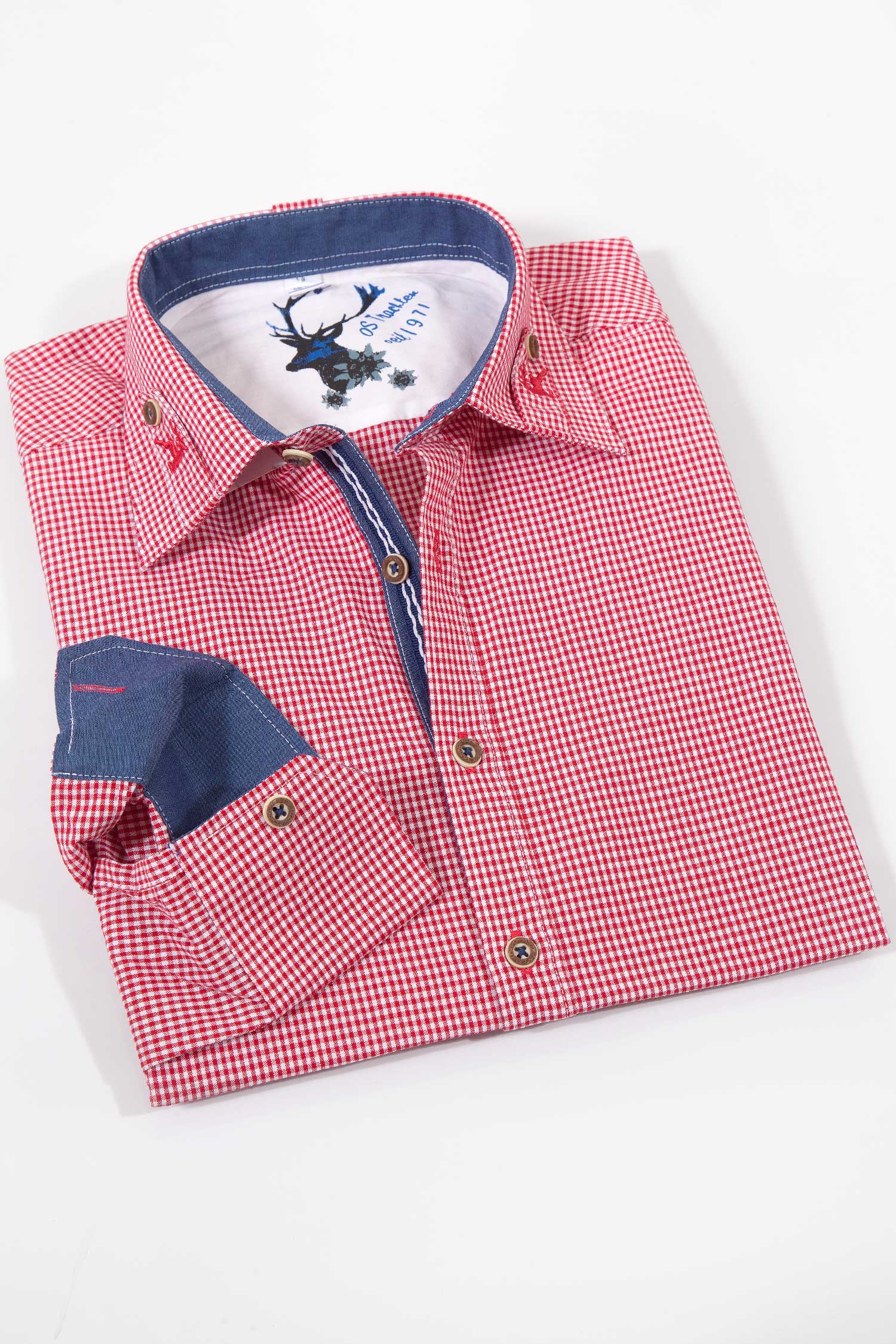 Trachtenhemd in Vichykaro rot weiß mit Stick 