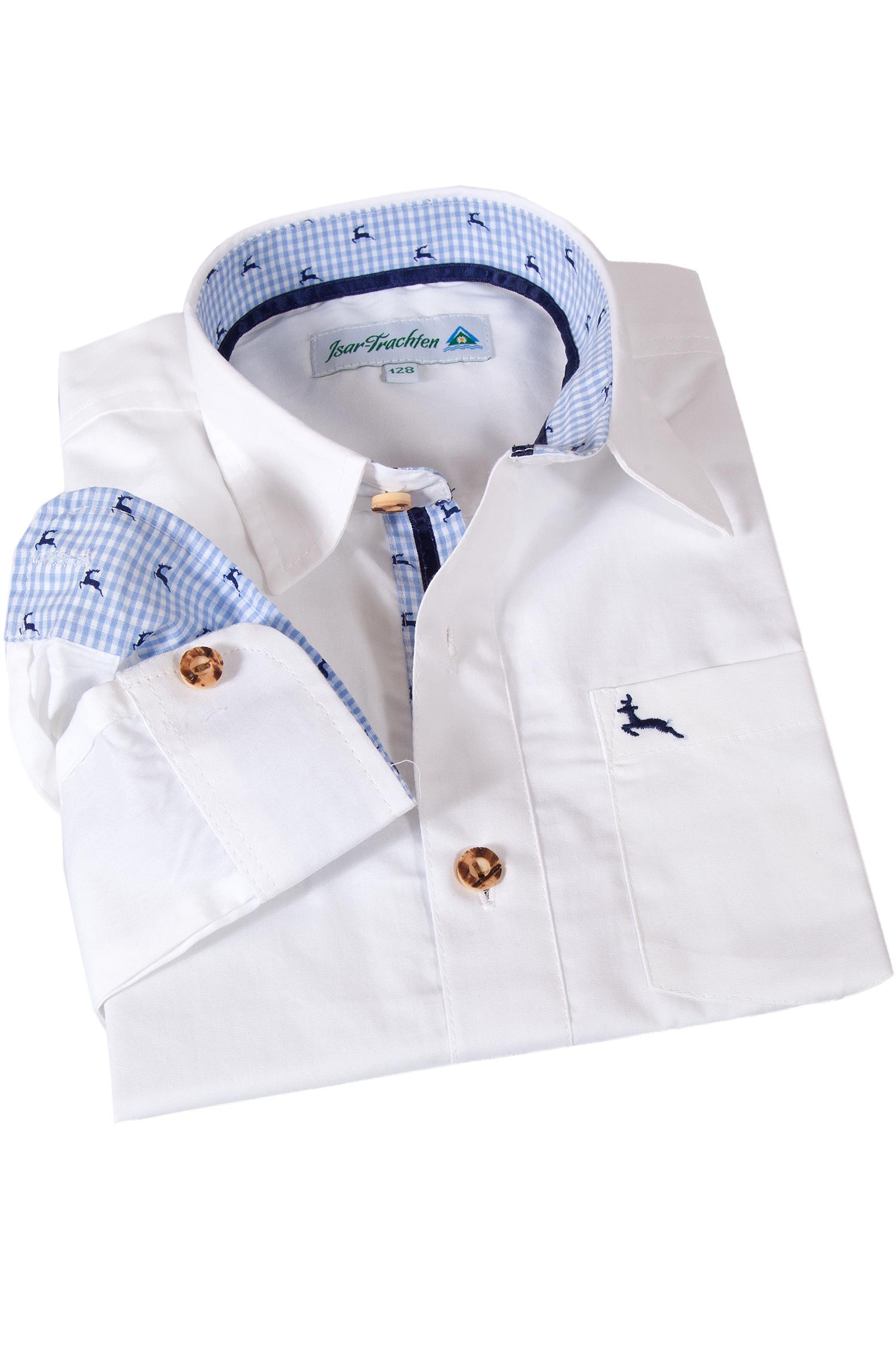 Kinder Trachtenhemd weiß mit blauen Hirschen 