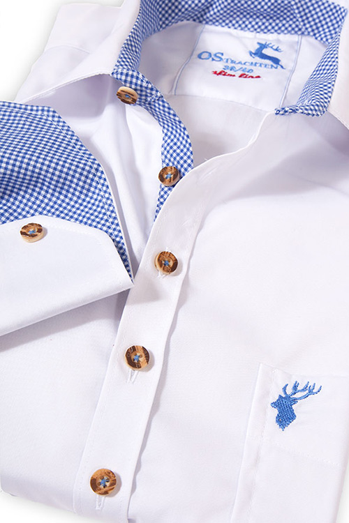 Herren Trachten Hemd langarm in weiß blau von OS Trachten Detail