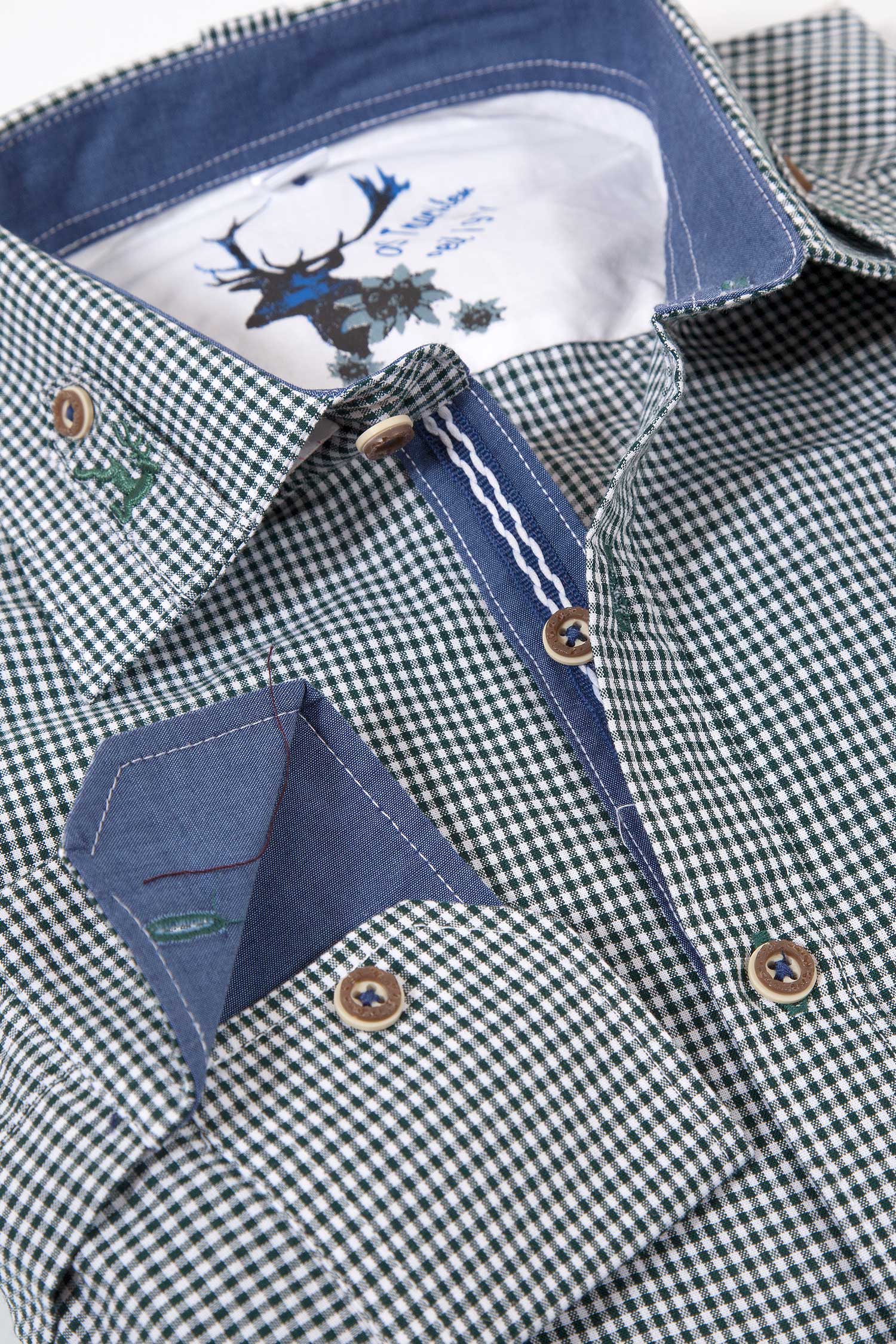 Trachtenhemd in Vichykaro dunkelgrün weiß mit Stick Detail 
