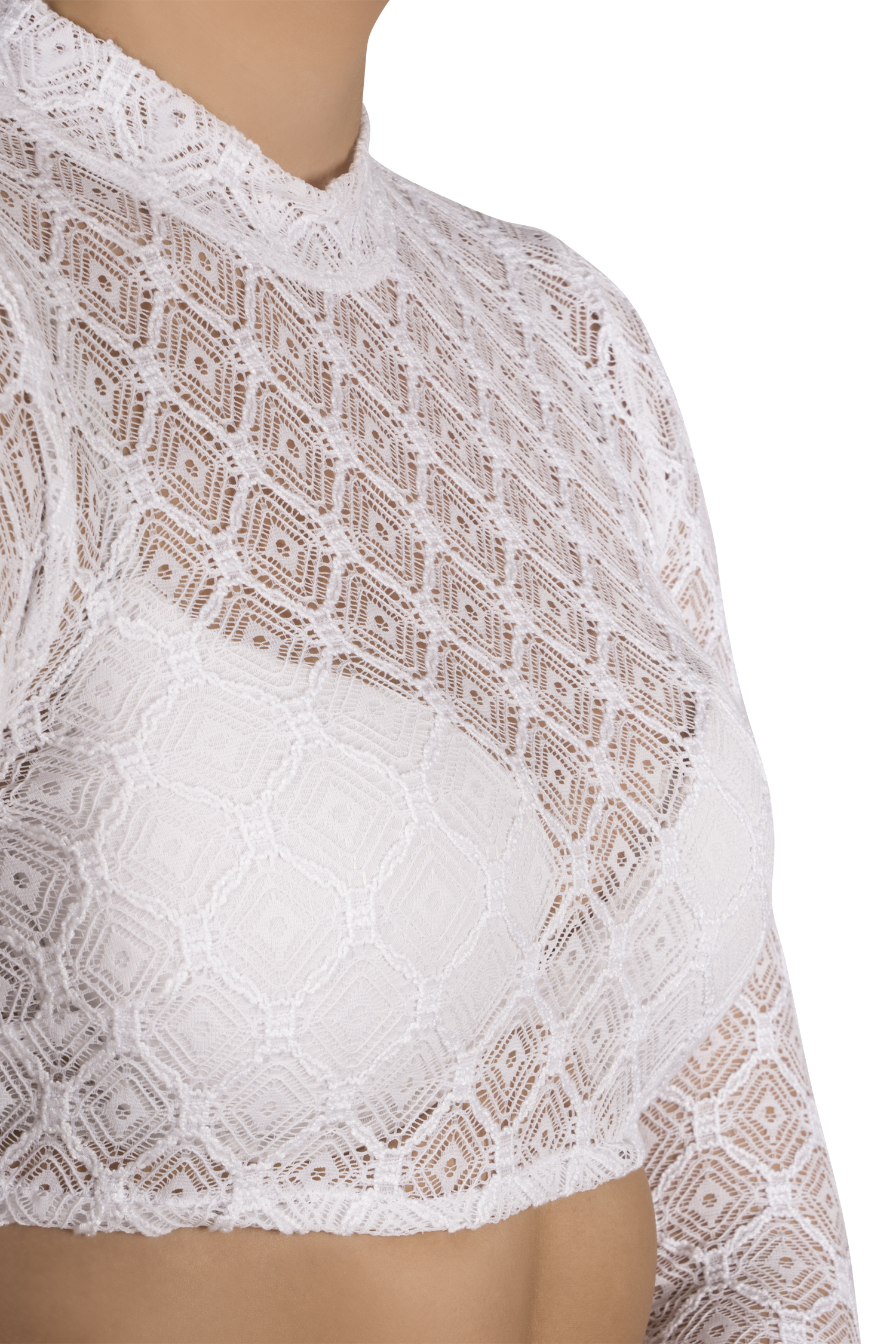 Hochgeschlossene Stretch-Dirndlbluse in weiß - Detail Ausschnitt