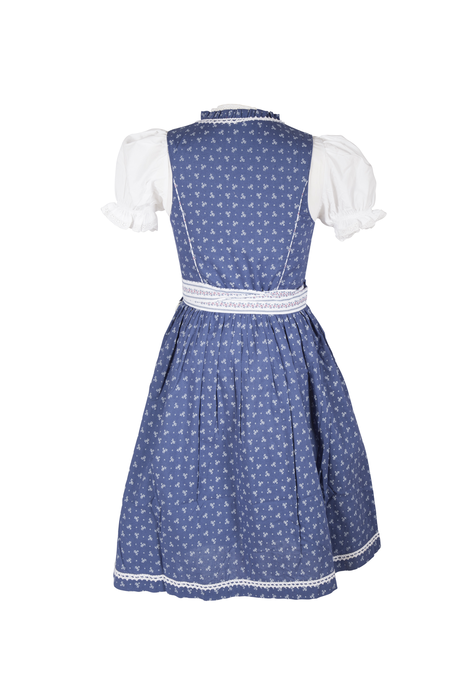 Kinderdirndl in blau mit Bluse und Schürze - Rückansicht