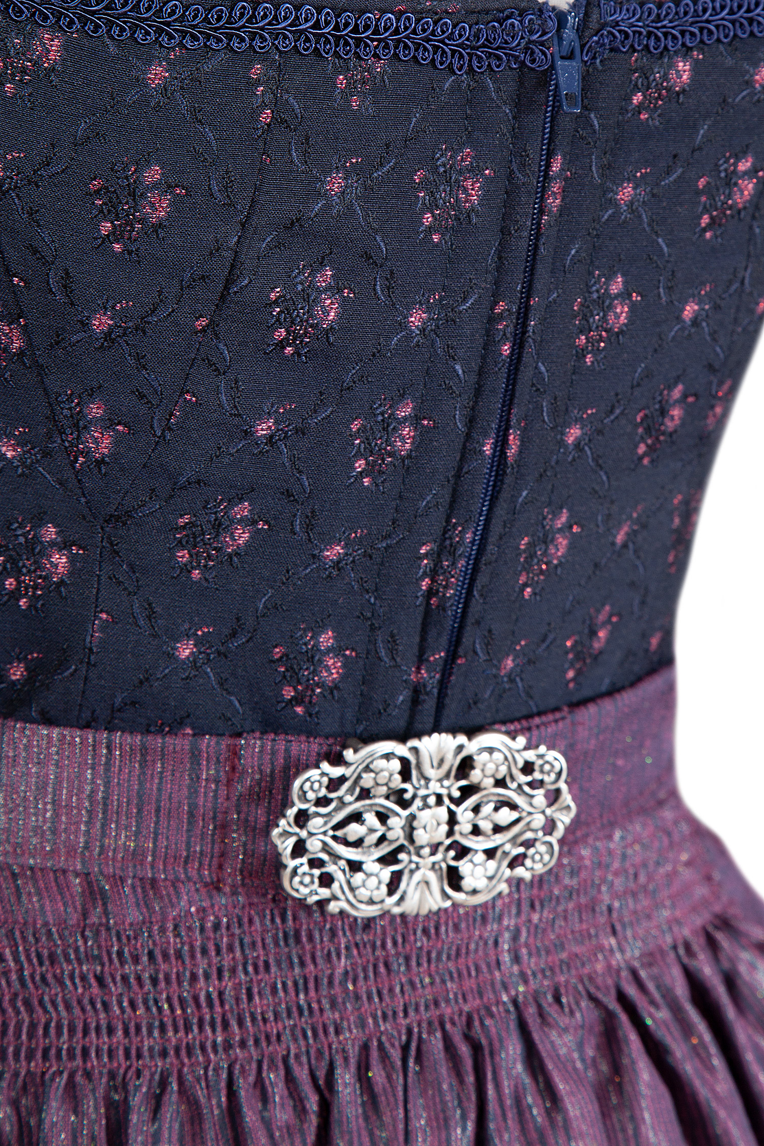 Dirndl in marine mit Blumenmuster - Detail Mieder