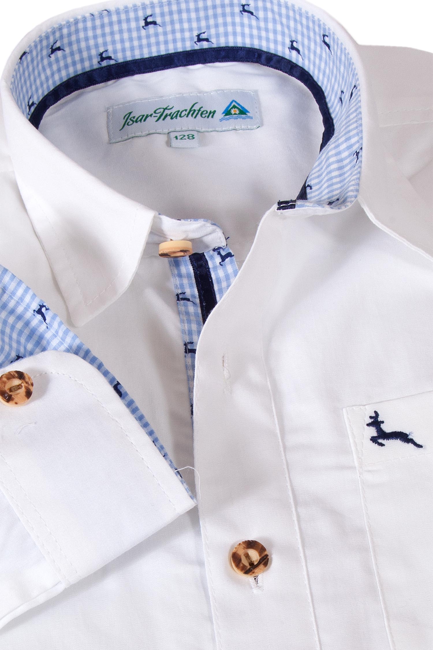 Kinder Trachtenhemd weiß mit blauen Hirschen Detail