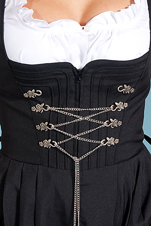 Langes Dirndl Amber schwarz mit Kettenschnürung - Detail Mieder
