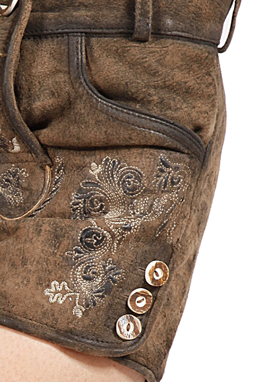 Kurze Lederhose Rosy für Damen in stein geäscht und bestickt Bein