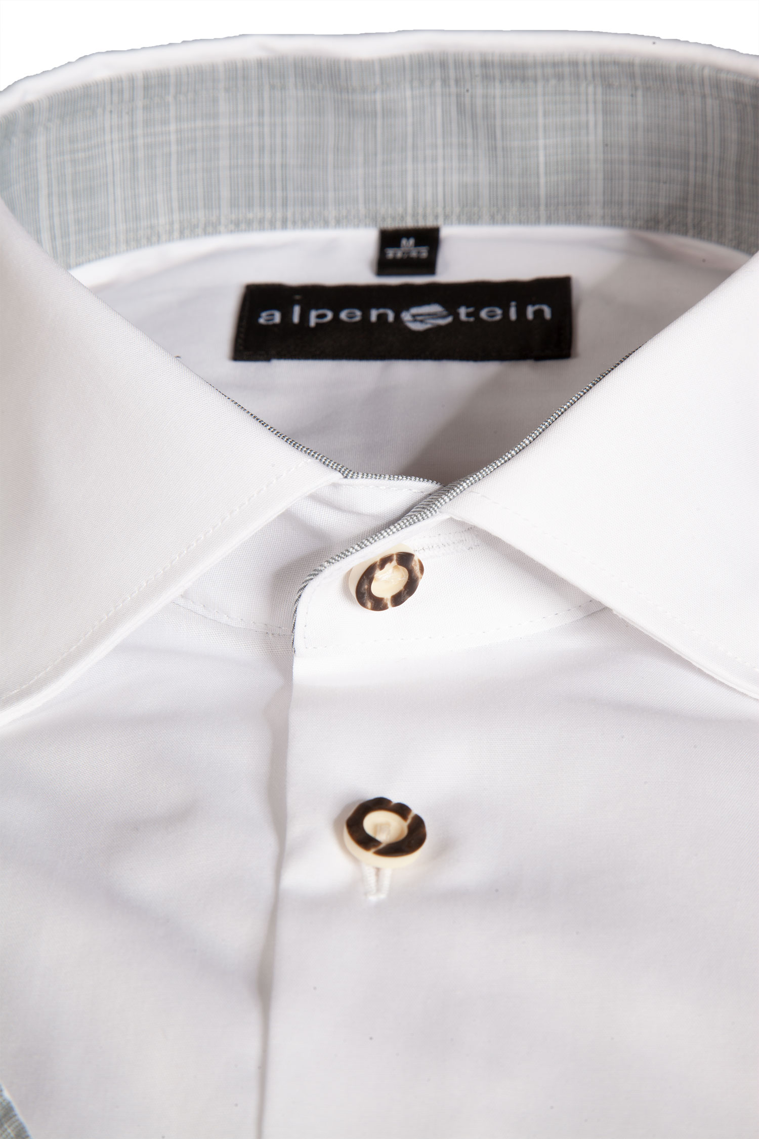 Trachtenhemd in weiß mit grauen Details - Detail Kragen