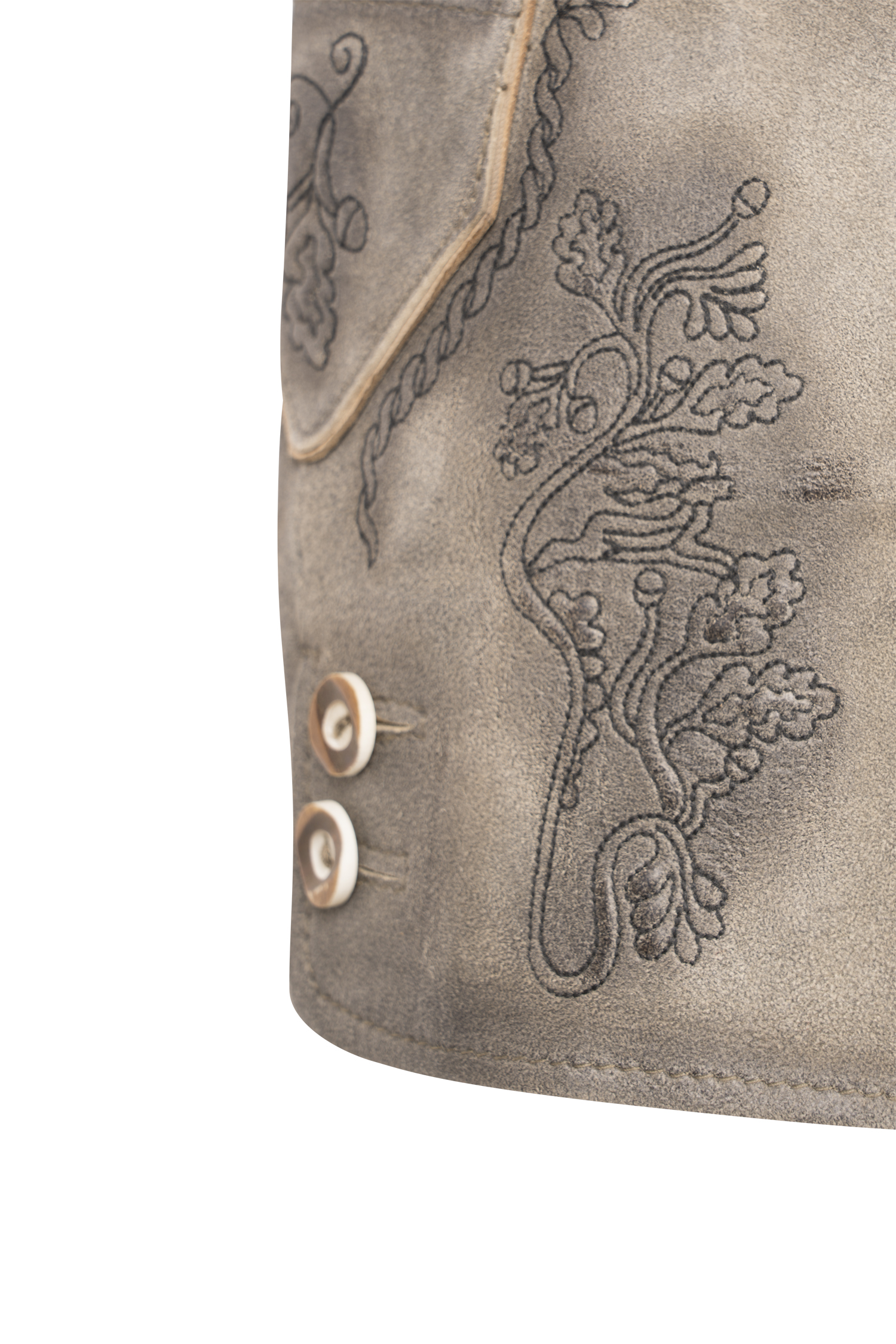 Lederhose Bogensee in Steingrau Detail Stickerei