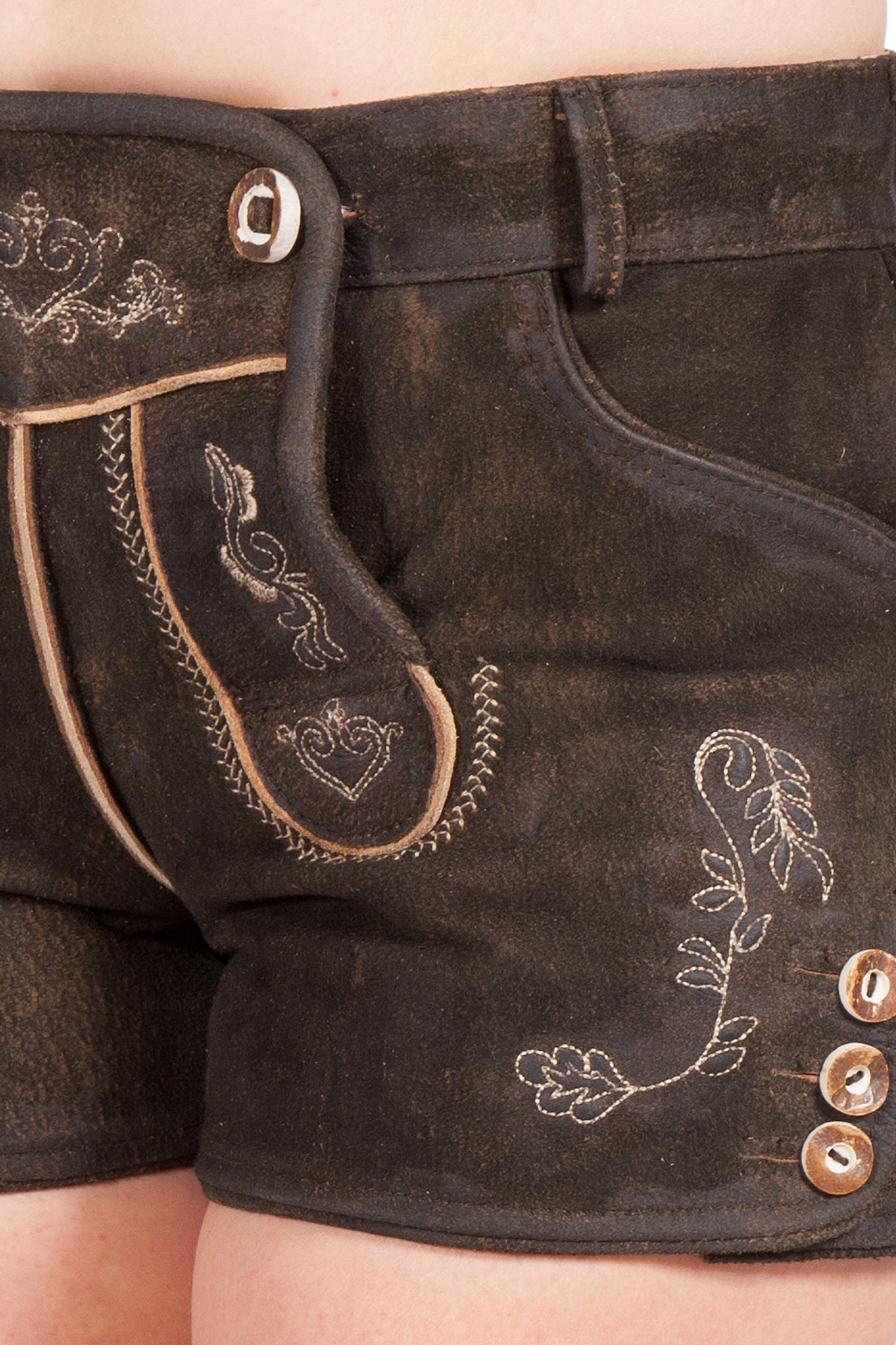 Kurze Damen Lederhose Dalia in Ruß dunkelbraun Detail